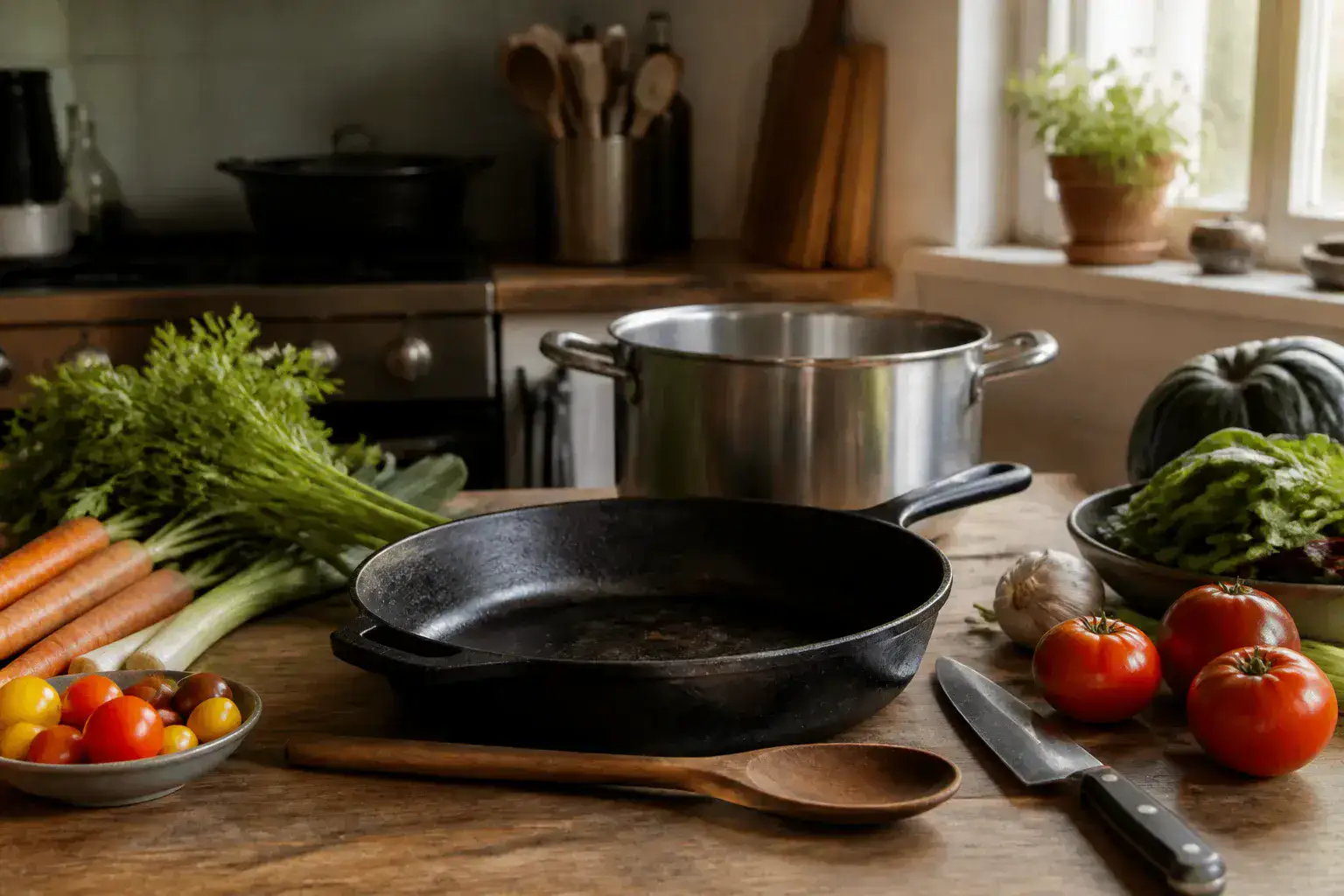 Well-used cookware arranged beside seasonal vegetables on a kitchen island