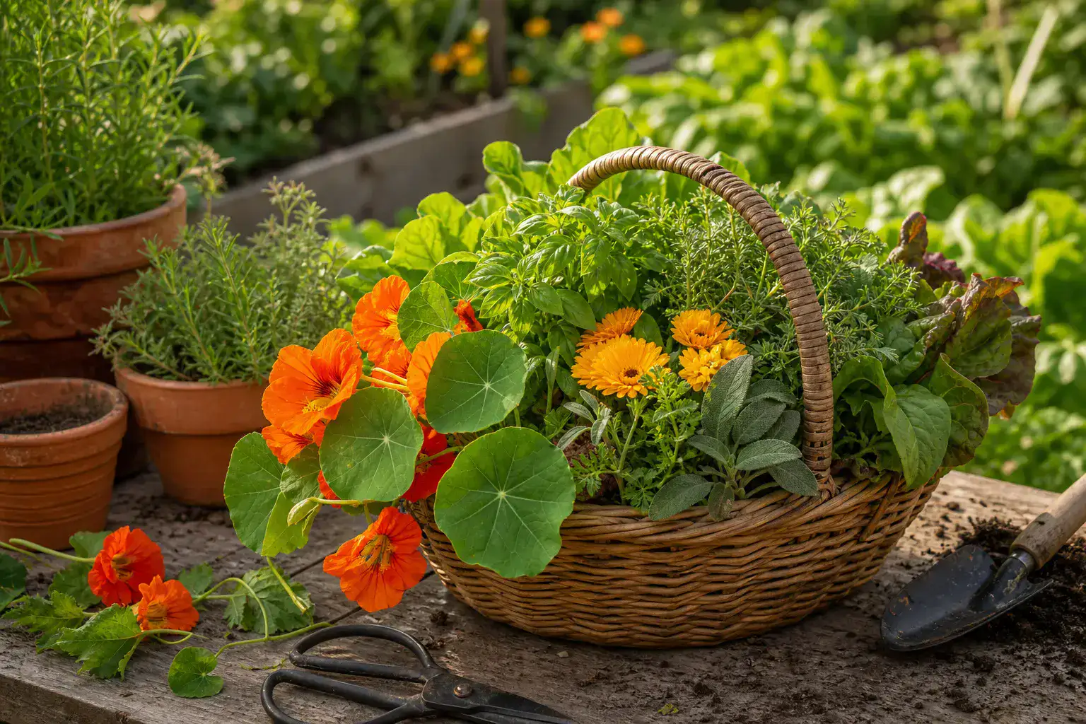 Edible nasturtium flowers and herbs arranged beside a garden basket