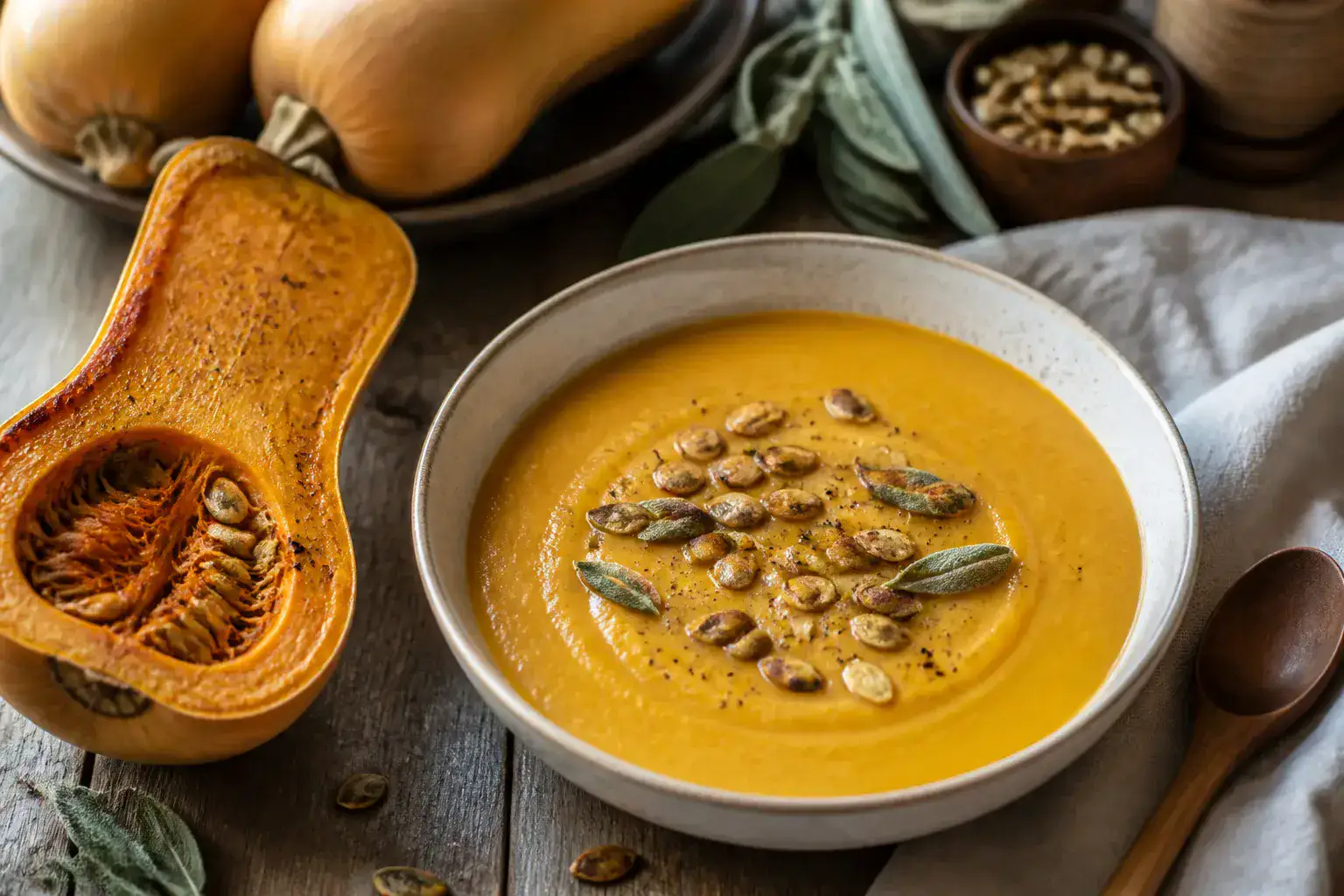 Butternut squash soup with toasted seeds on a linen table