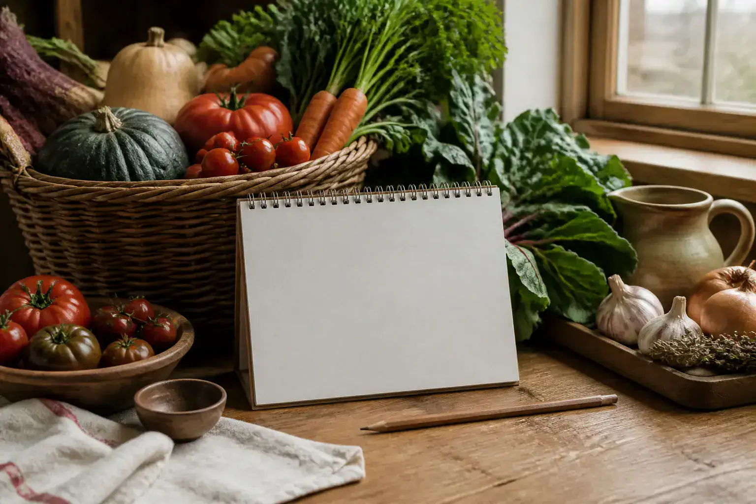 A harvest calendar pinned beside baskets of seasonal vegetables