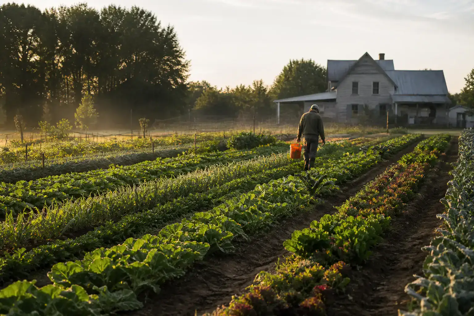 Rows of vegetables leading toward a family farm at first light