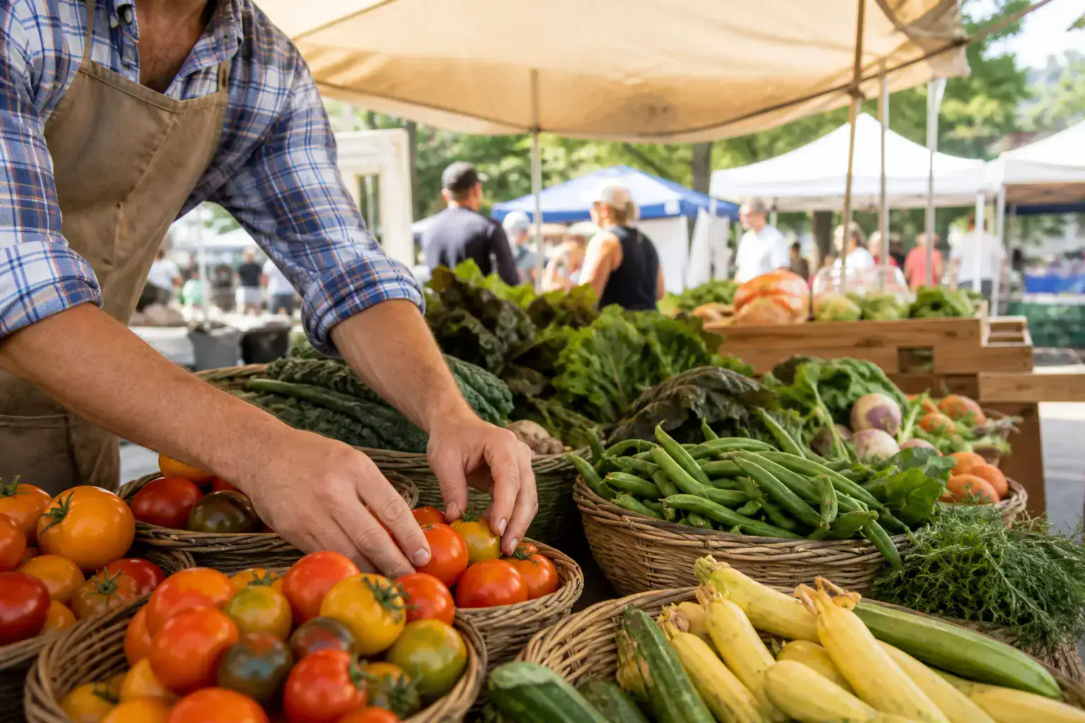 A farmers market stand with crates of seasonal vegetables